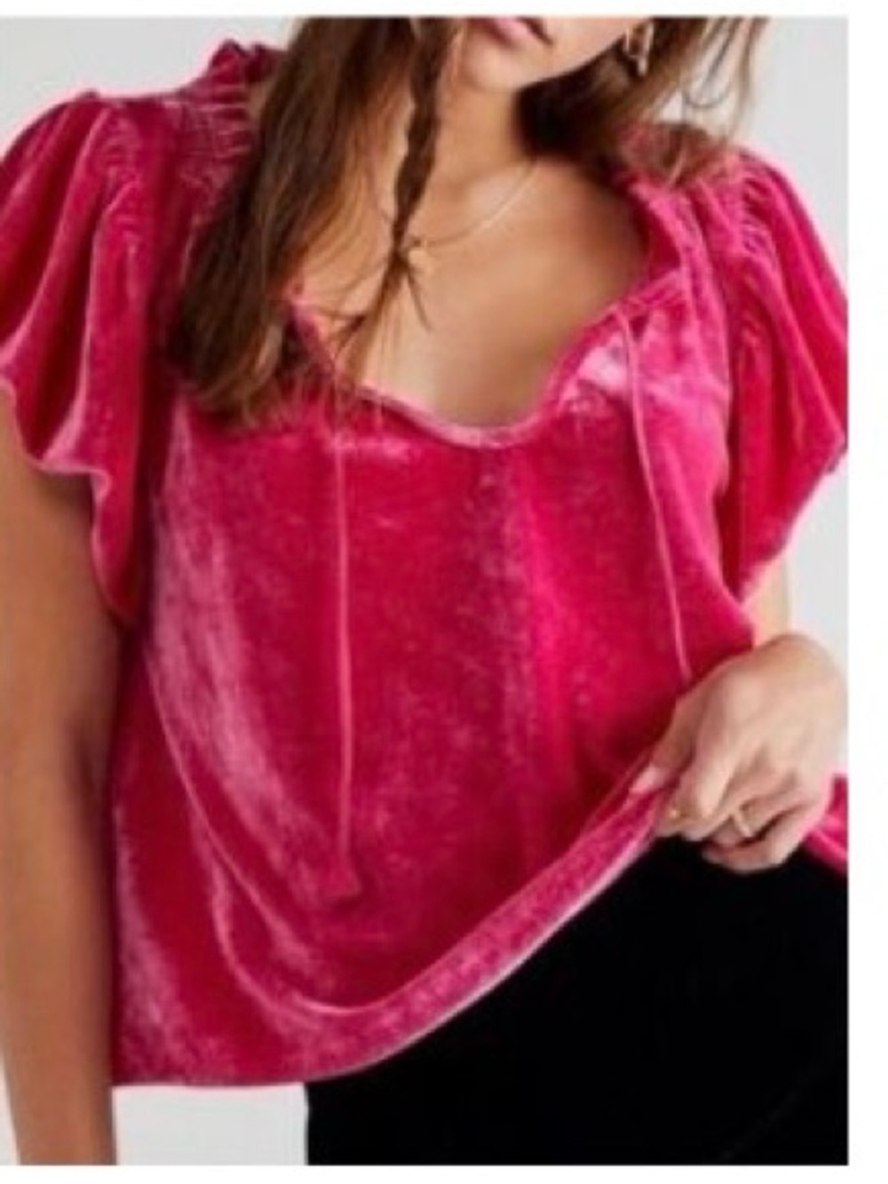 Free People TERESA Velvet Puff-Sleeve Peasant Top Fuchsia Pink M/M NWT